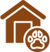 A brown dog house with a paw print in the middle.